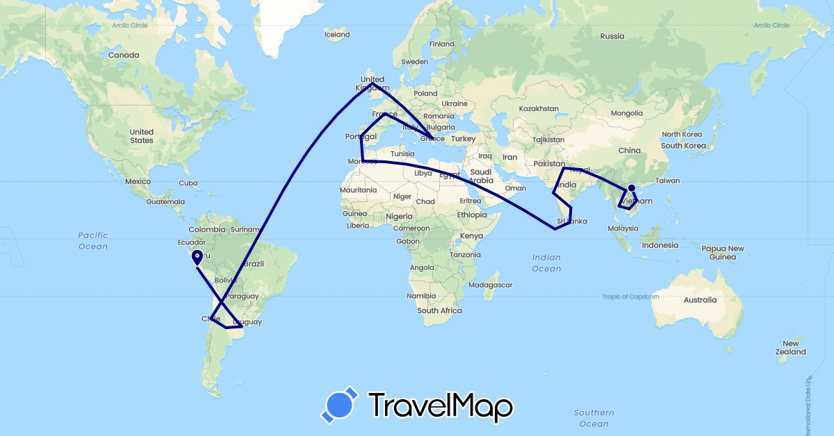 TravelMap itinerary: driving in Argentina, Chile, Egypt, France, United Kingdom, Greece, India, Italy, Laos, Sri Lanka, Morocco, Maldives, Nepal, Peru, Portugal, Thailand, Vietnam (Africa, Asia, Europe, South America)